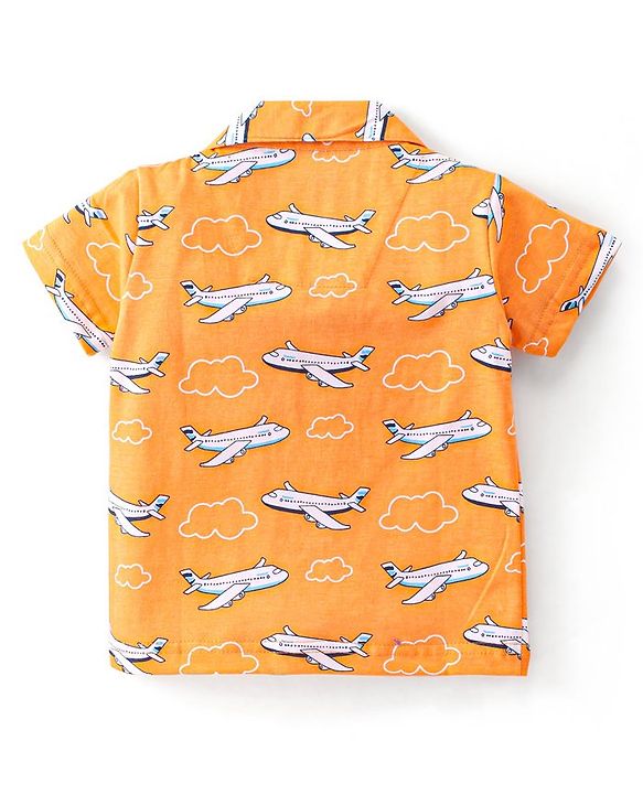 Babyhug Cotton Knit Single Jersey Half Sleeves Night Suit With Aircraft Print - Orange