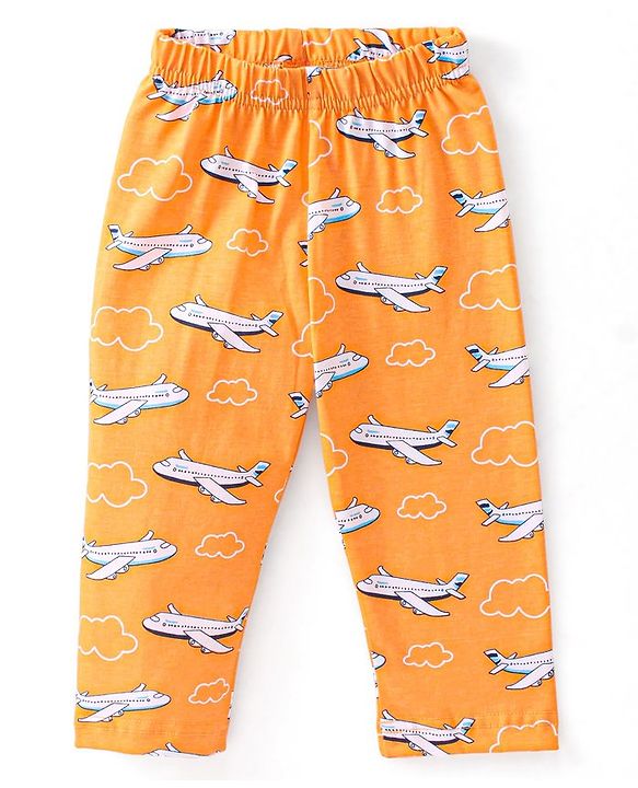 Babyhug Cotton Knit Single Jersey Half Sleeves Night Suit With Aircraft Print - Orange