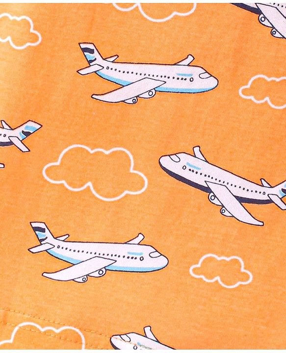 Babyhug Cotton Knit Single Jersey Half Sleeves Night Suit With Aircraft Print - Orange