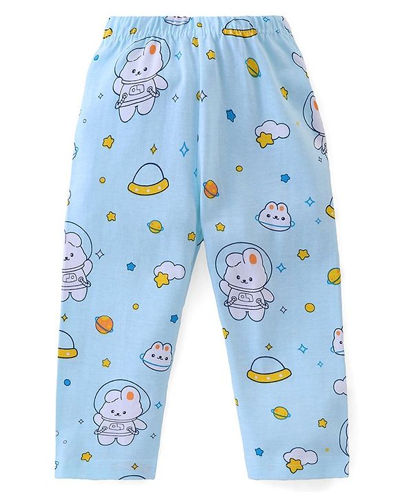 Babyhug Cotton Knit Half Sleeve Front Open Night Suit Astronaut Bunny Print - Light Blue