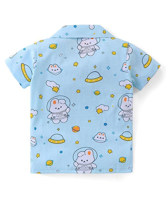 Babyhug Cotton Knit Half Sleeve Front Open Night Suit Astronaut Bunny Print - Light Blue