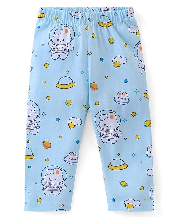 Babyhug Cotton Knit Half Sleeve Front Open Night Suit Astronaut Bunny Print - Light Blue