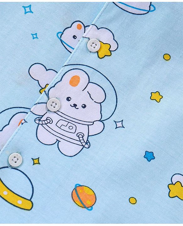 Babyhug Cotton Knit Half Sleeve Front Open Night Suit Astronaut Bunny Print - Light Blue
