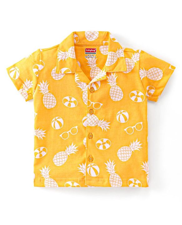 Babyhug Cotton Knit Single Jersey Half Sleeves Night Suit With Pineapple Print - Yellow