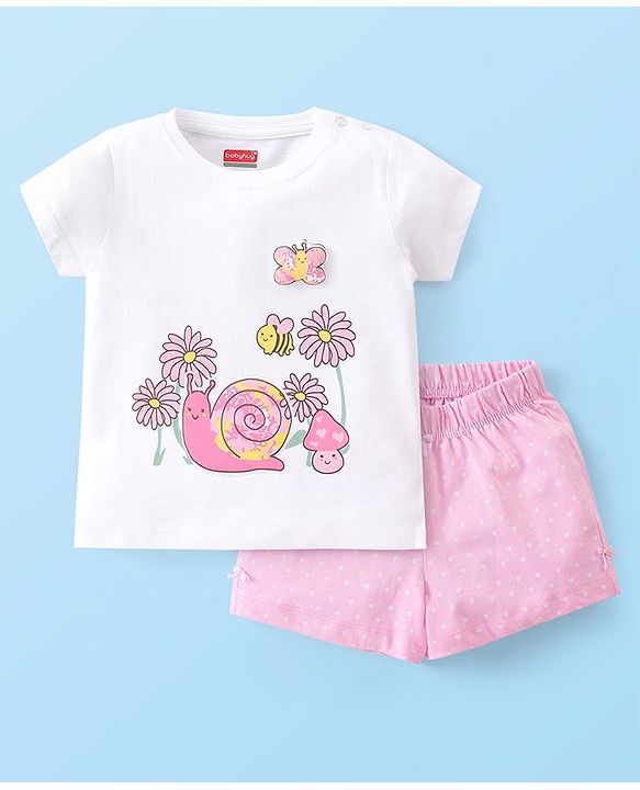 Babyhug Cotton Knit Single Jersey Half Sleeves Night Suit With Snail Print - White & Pink