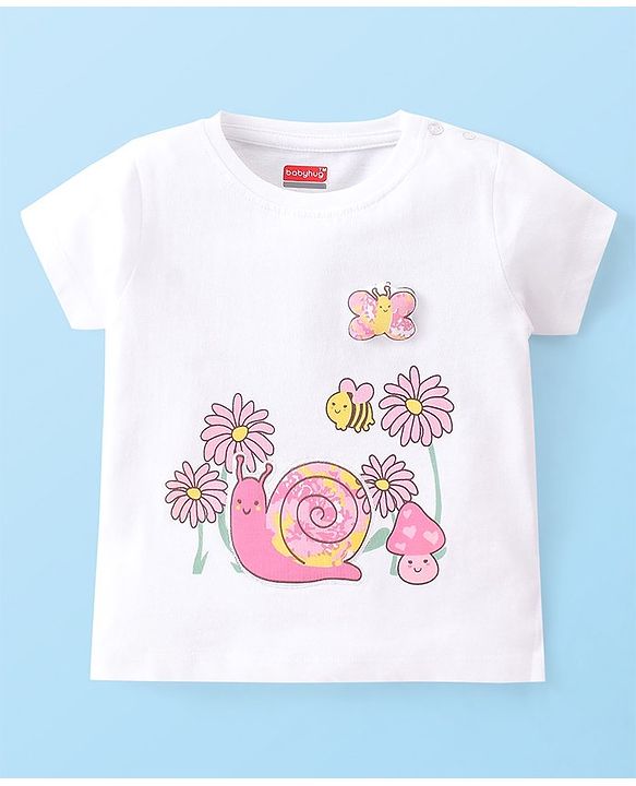 Babyhug Cotton Knit Single Jersey Half Sleeves Night Suit With Snail Print - White & Pink