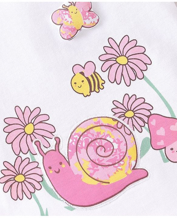 Babyhug Cotton Knit Single Jersey Half Sleeves Night Suit With Snail Print - White & Pink