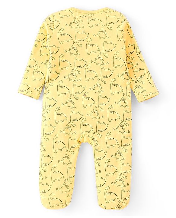 Babyhug Cotton Interlock Knit Full Sleeves Sleepsuit Dino Print - Yellow