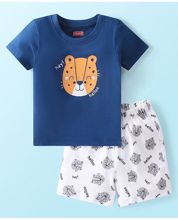 Babyhug Single Jersey Knit Half Sleeves Night Suit With Panther Print - Blue