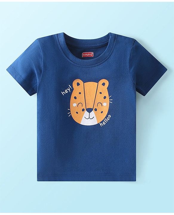 Babyhug Single Jersey Knit Half Sleeves Night Suit With Panther Print - Blue