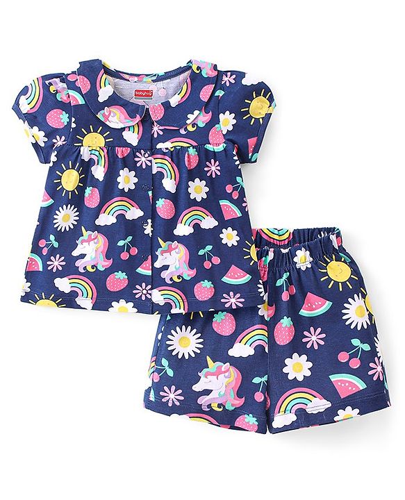 Babyhug Cotton Knit Single Jersey Half Sleeves Night Suit With Unicorn Print - Navy Blue