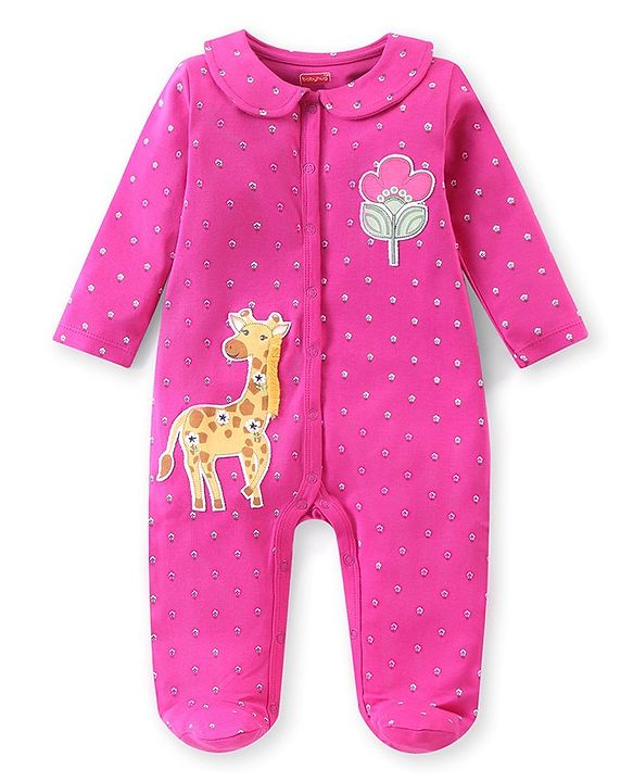 Babyhug Cotton Knit Full Sleeves Floral Printed & Giraffe Patch Footed Sleep Suit - Pink
