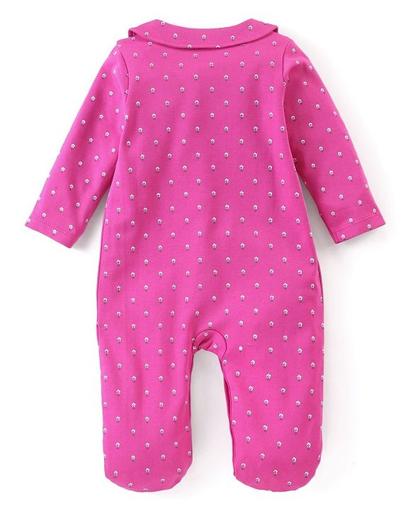 Babyhug Cotton Knit Full Sleeves Floral Printed & Giraffe Patch Footed Sleep Suit - Pink