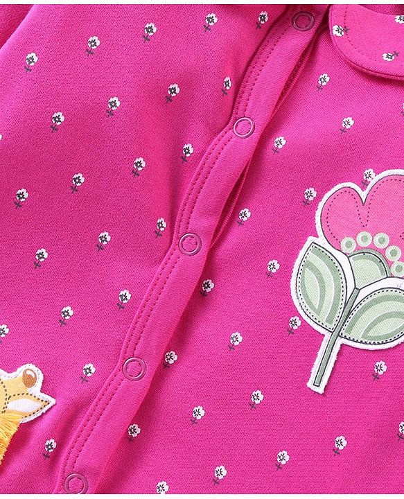 Babyhug Cotton Knit Full Sleeves Floral Printed & Giraffe Patch Footed Sleep Suit - Pink