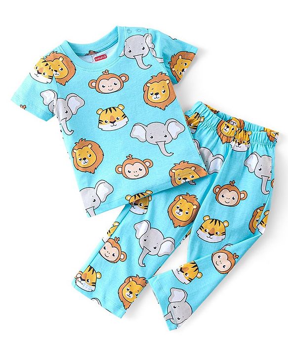 Babyhug Single Jersey Knit Half Sleeves Nightsuit with Animal Print - Blue