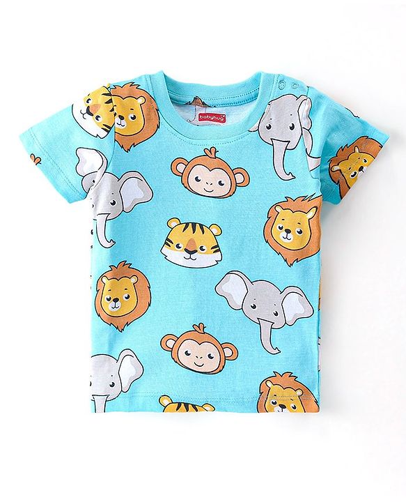 Babyhug Single Jersey Knit Half Sleeves Nightsuit with Animal Print - Blue