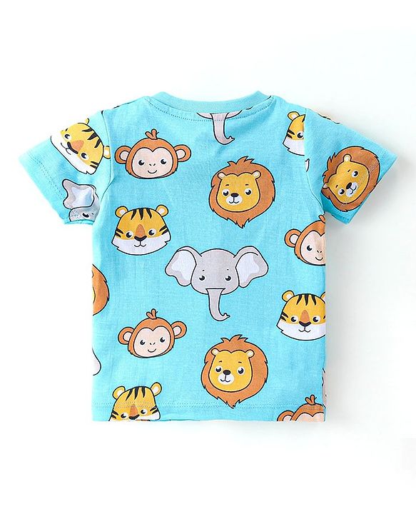 Babyhug Single Jersey Knit Half Sleeves Nightsuit with Animal Print - Blue