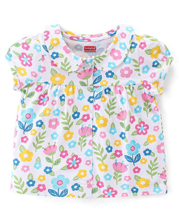 Babyhug Cotton Knit Single Jersey Half Sleeves Night Suit With Floral Print - White
