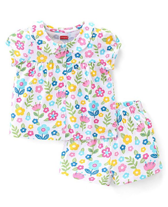 Babyhug Cotton Knit Single Jersey Half Sleeves Night Suit With Floral Print - White