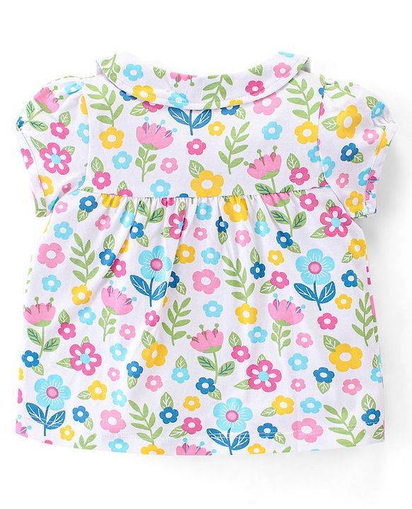 Babyhug Cotton Knit Single Jersey Half Sleeves Night Suit With Floral Print - White