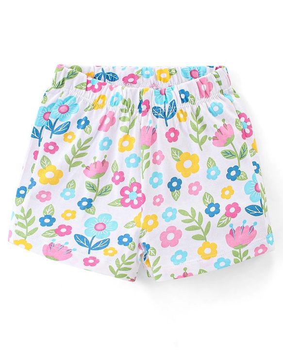 Babyhug Cotton Knit Single Jersey Half Sleeves Night Suit With Floral Print - White