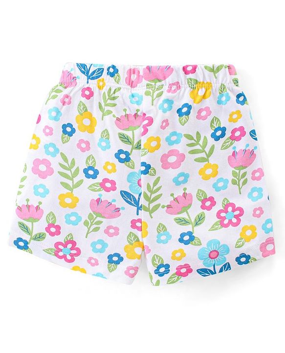 Babyhug Cotton Knit Single Jersey Half Sleeves Night Suit With Floral Print - White