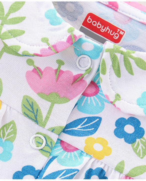 Babyhug Cotton Knit Single Jersey Half Sleeves Night Suit With Floral Print - White