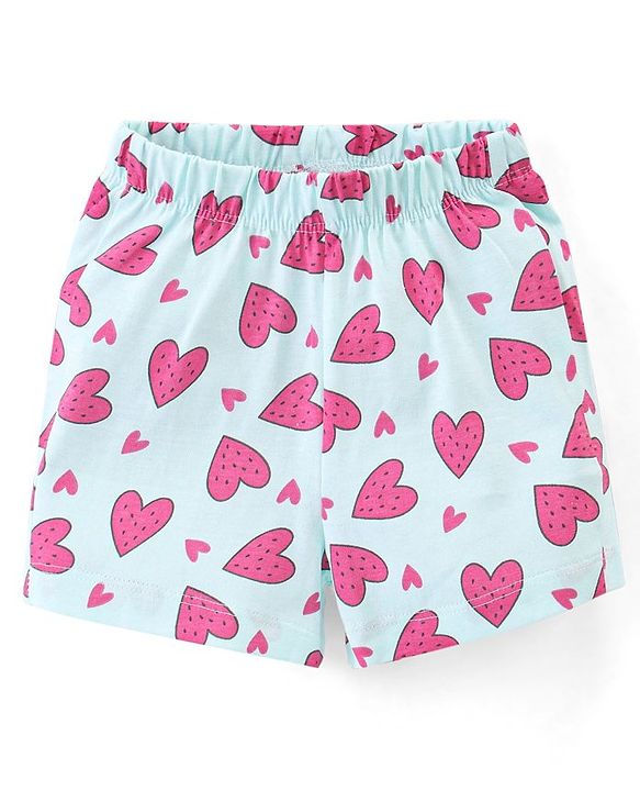 Babyhug Cotton Knit Half Sleeves Shorts Night Suit  Set Heart Print - Blue