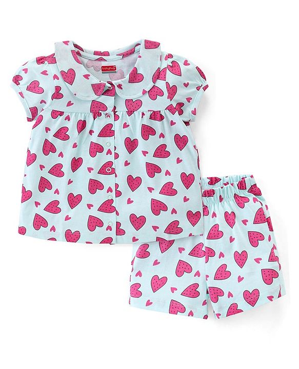 Babyhug Cotton Knit Half Sleeves Shorts Night Suit  Set Heart Print - Blue