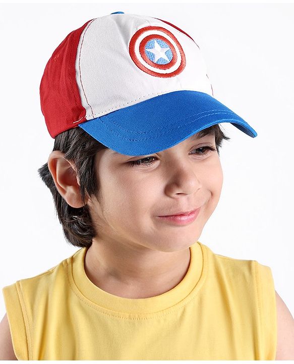 Babyhug Marvel Cotton Summer Cap With Captain Amercia Graphics - Multicolour
