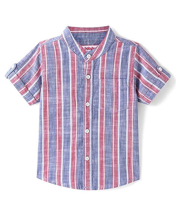 Babyhug Cotton Half Sleeve Mandarin Collar Striped Shirt - Multicolor