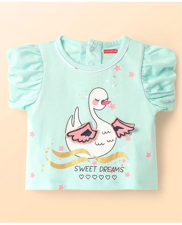 Babyhug Single Jersey Knit Half Sleeves Night Suit With Duck & Polka Dot Print - Mint & White