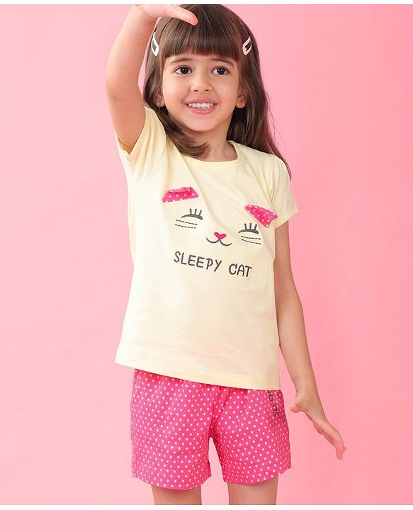 Babyhug Cotton Knit Half Sleeves Night Suit With Cat Print - Yellow & Pink