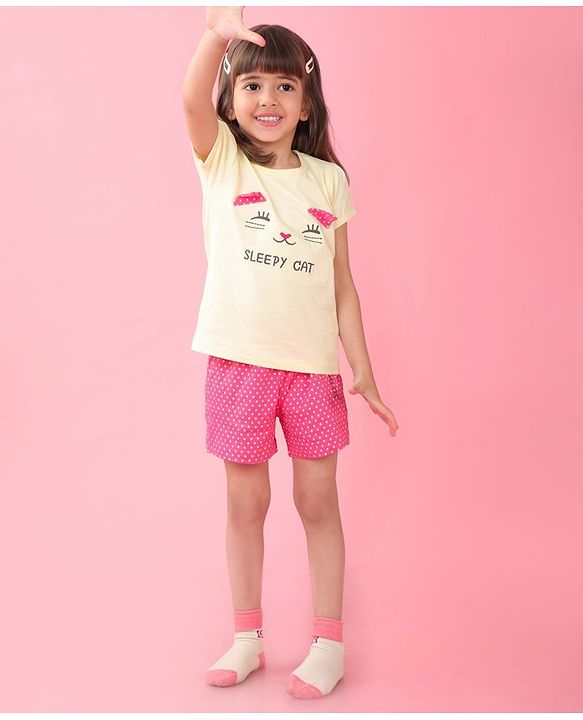 Babyhug Cotton Knit Half Sleeves Night Suit With Cat Print - Yellow & Pink