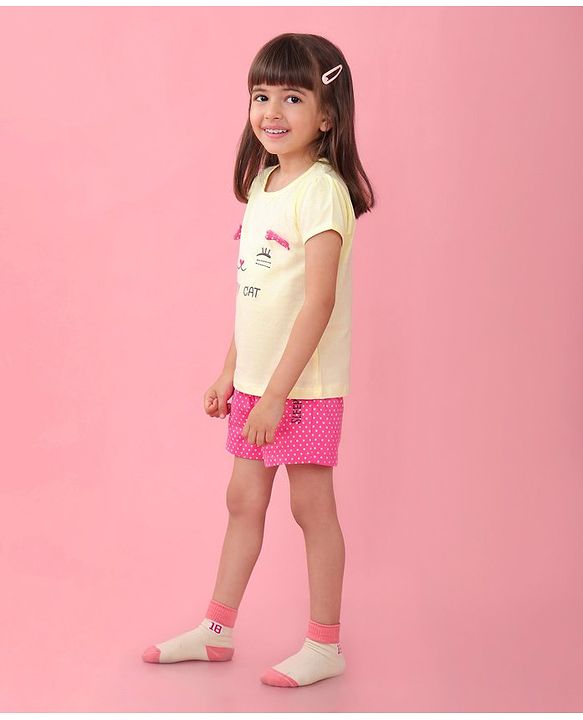 Babyhug Cotton Knit Half Sleeves Night Suit With Cat Print - Yellow & Pink