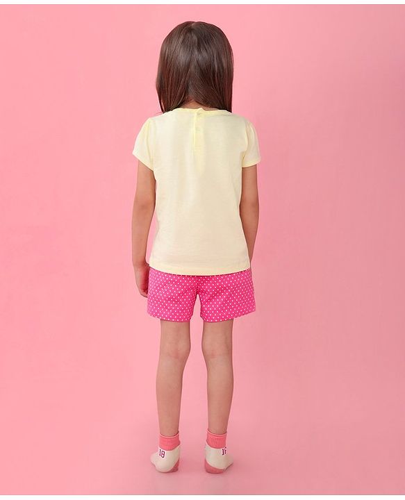 Babyhug Cotton Knit Half Sleeves Night Suit With Cat Print - Yellow & Pink