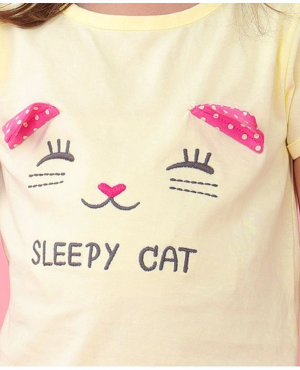 Babyhug Cotton Knit Half Sleeves Night Suit With Cat Print - Yellow & Pink