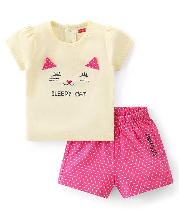Babyhug Cotton Knit Half Sleeves Night Suit With Cat Print - Yellow & Pink