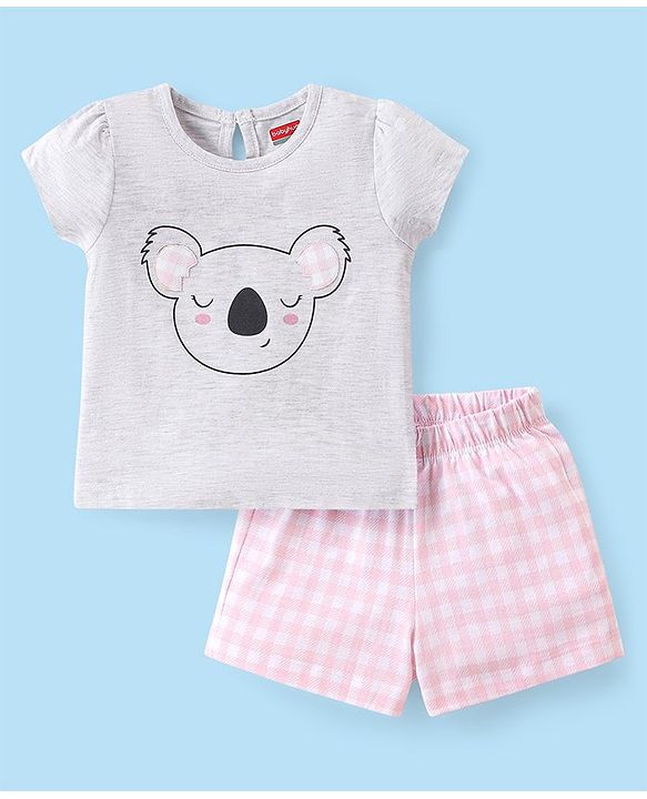 Babyhug Cotton Knit Half Sleeves Night Suit Bear Print - Pink & Grey