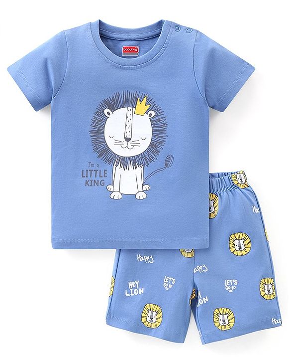 Babyhug Single Jersey Knit Half Sleeves Night Suit Lion Print - Blue