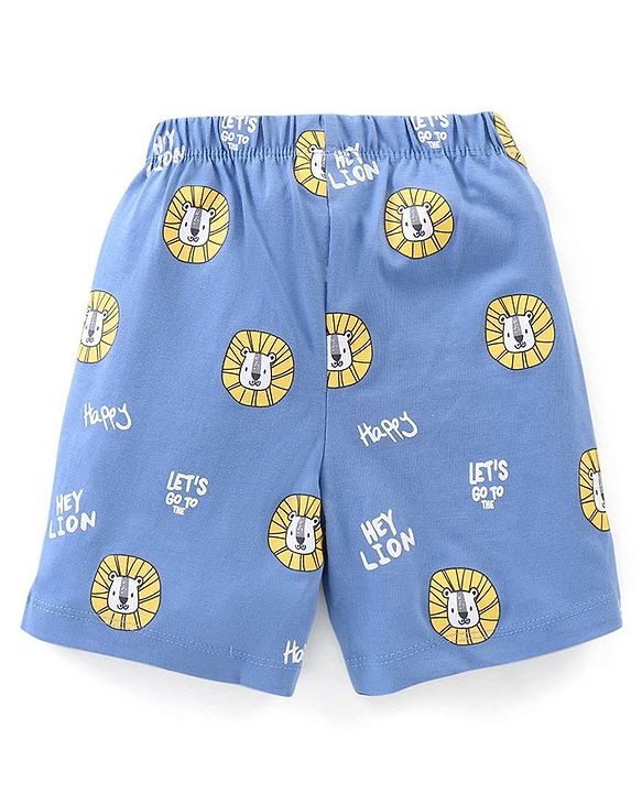 Babyhug Single Jersey Knit Half Sleeves Night Suit Lion Print - Blue