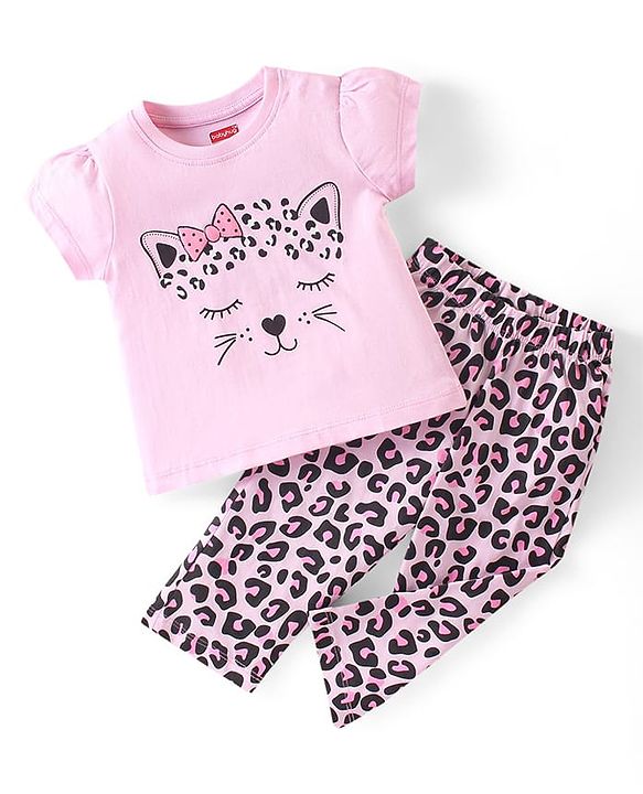 Babyhug Cotton Knit Half Sleeves Night Suit Kitty Print - Pink