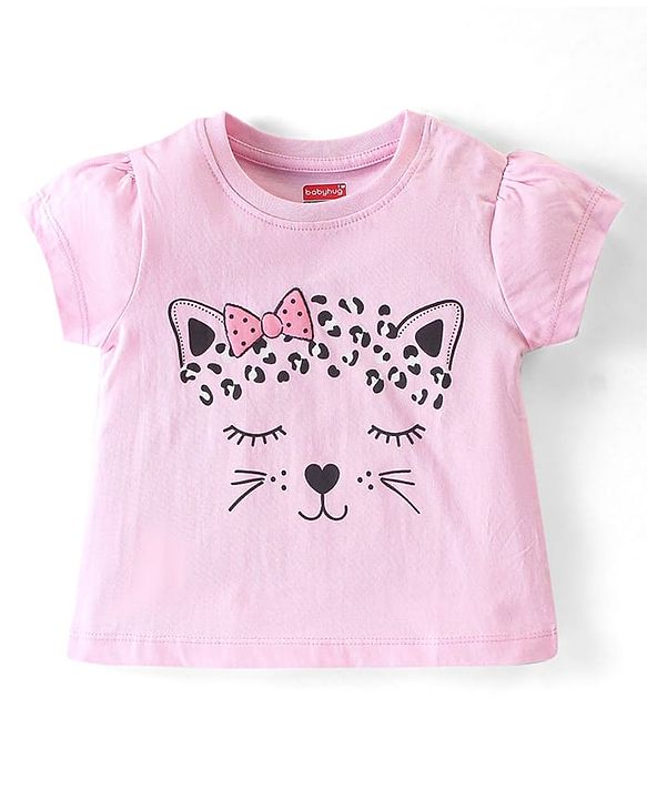 Babyhug Cotton Knit Half Sleeves Night Suit Kitty Print - Pink