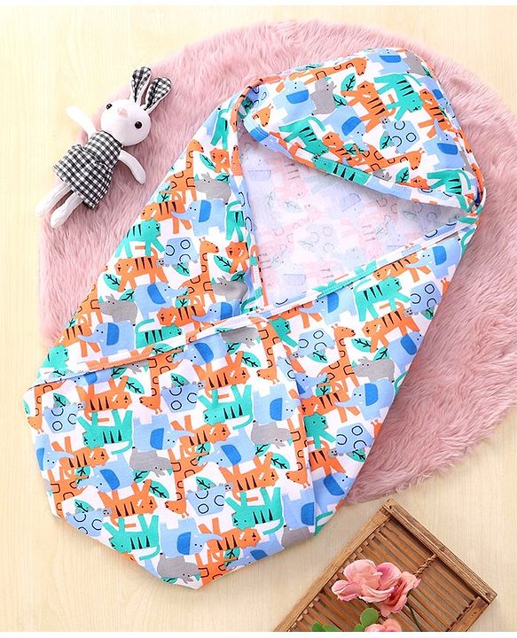 Babyhug Cotton Interlock Hooded Wrapper Star Print L 76 x B 76 cm - Orange