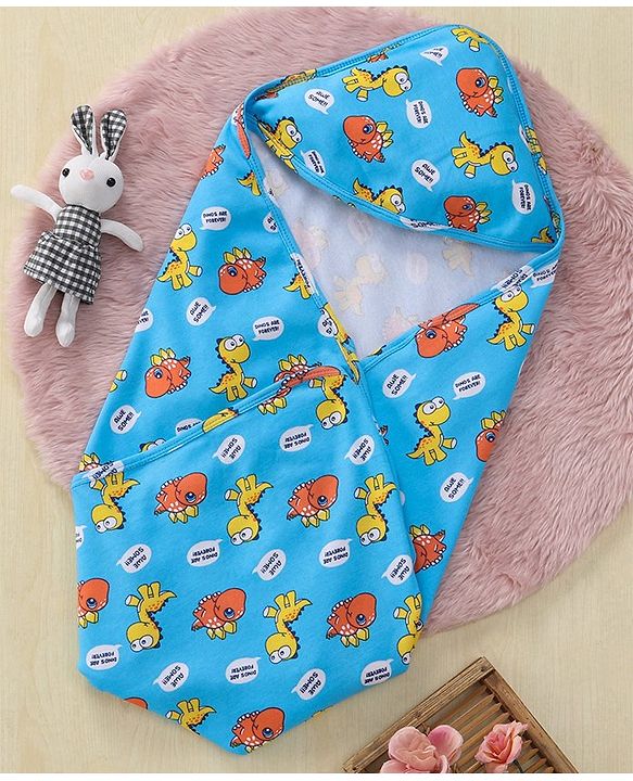 Babyhug Interlock Hooded Wrappers With Dino Print L 76.2 x B 76.2 cm - Blue