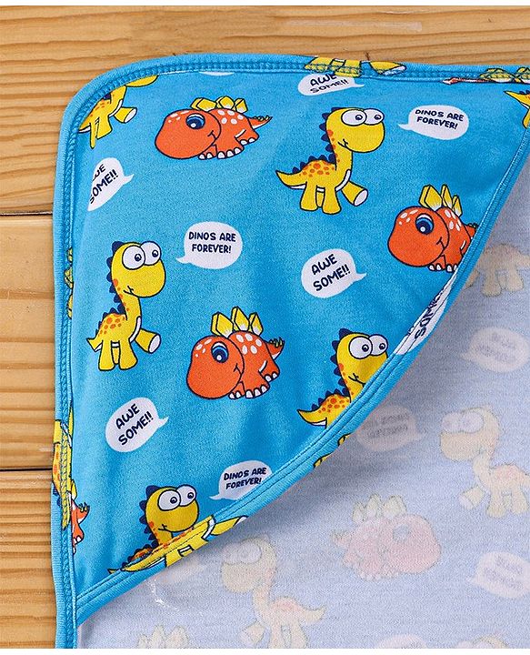 Babyhug Interlock Hooded Wrappers With Dino Print L 76.2 x B 76.2 cm - Blue
