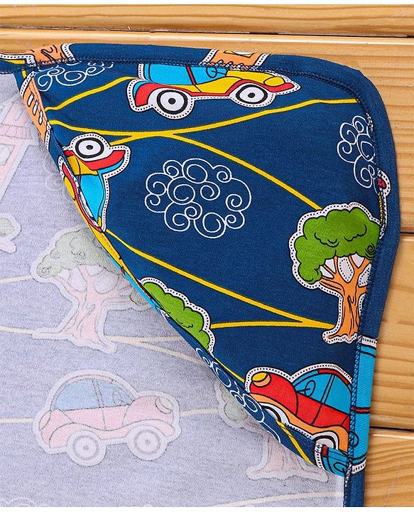 Babyhug Interlock Hooded Wrappers With Car Print L 76.2 x B 76.2 cm - Blue