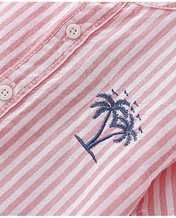 Babyhug Cotton Woven Half Sleeves Shirt Stripes & Palm Tree Embroidery - Peach