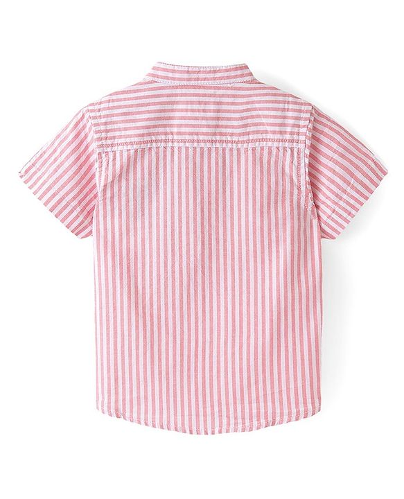 Babyhug Cotton Woven Half Sleeves Shirt Stripes & Palm Tree Embroidery - Peach