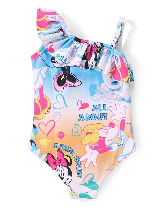 Babyhug Disney  One Shoulder Sleeve V Cut Swimsuit with Minnie Mouse  Print - Multicolour